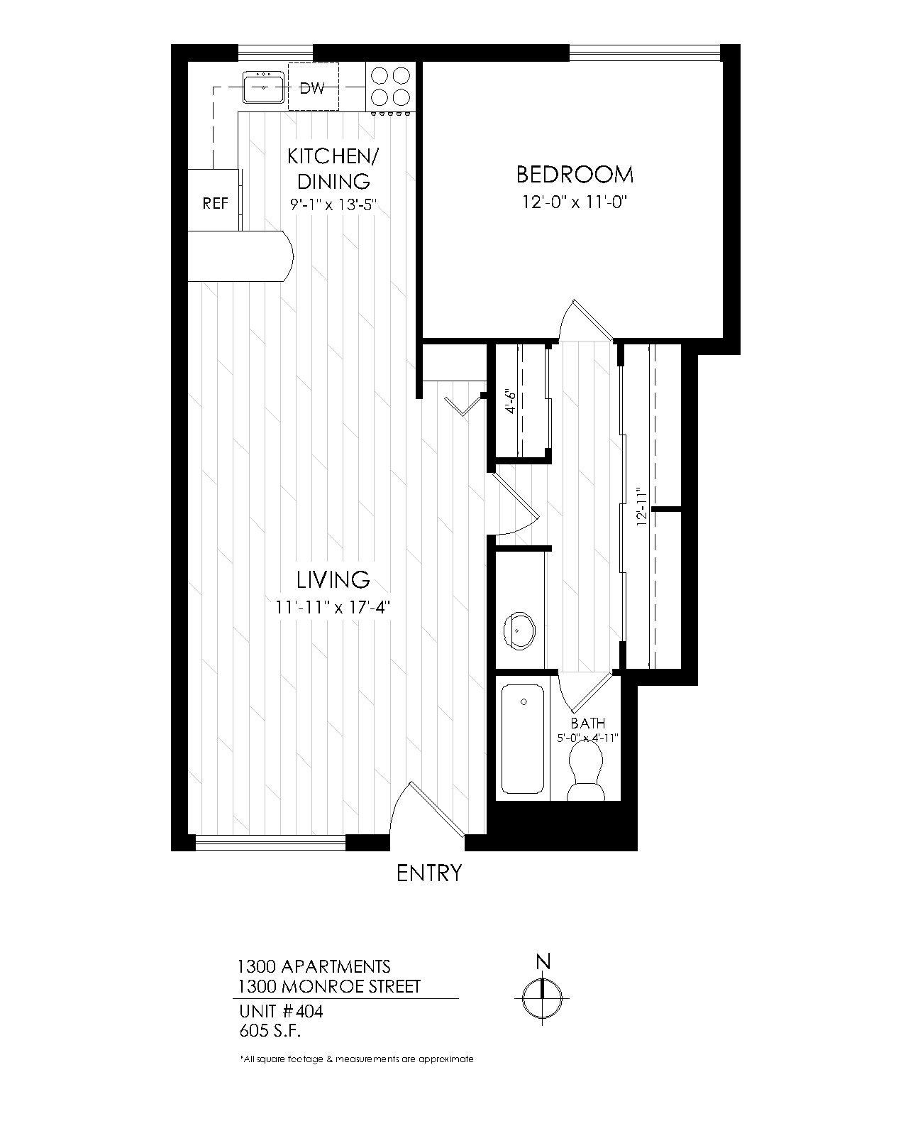 Floor plan for 1 bed, 1 bath, 780 sqft